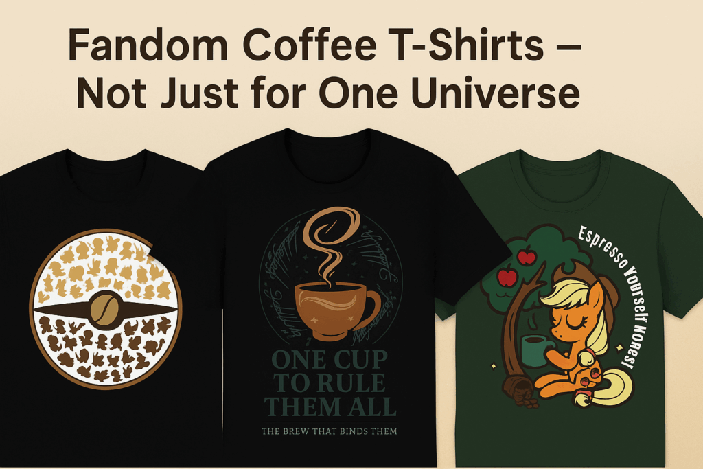 Web banner featuring fandom coffee shirts with pop culture art, including Pokémon-inspired mugs, fantasy steam, and a My Little Pony parody enjoying coffee