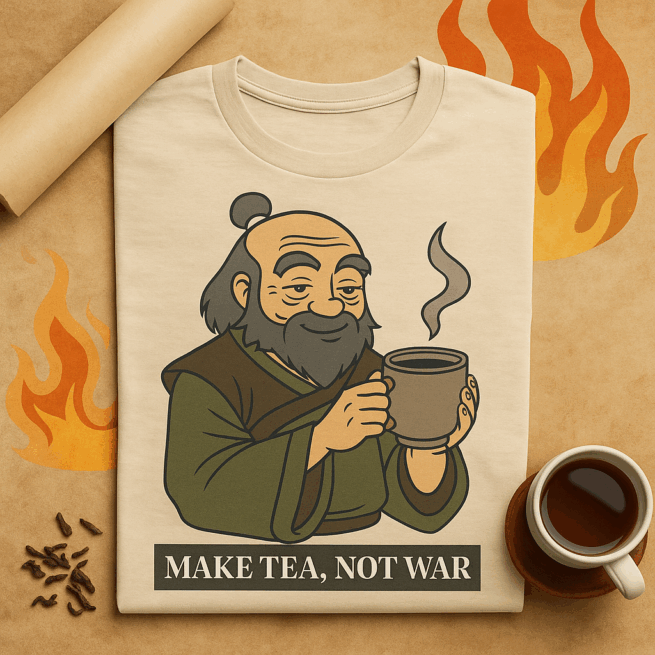 Folded beige wise tea shirt with cartoon firebender holding a teacup, styled beside clove, steam, and fire graphics.