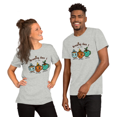 Gen 1 coffee tee with cute mug designs of Squirtle, Charmander, and Bulbasaur
