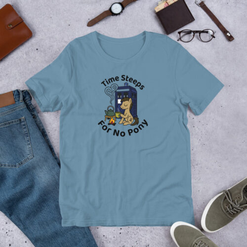 MLP Whovian fandom tea shirt – pony sipping tea near time machine – cozy parody design