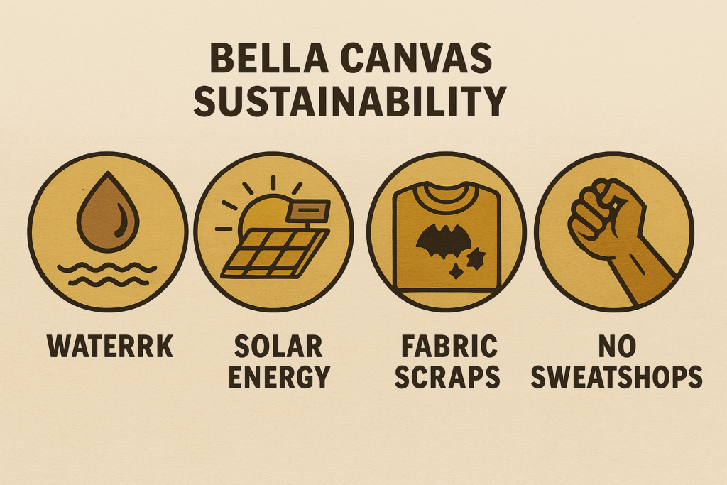 Four illustrated icons showing Bella Canvas sustainability practices: ethical sourcing, eco-friendly fabric use, reduced waste, and responsible delivery.