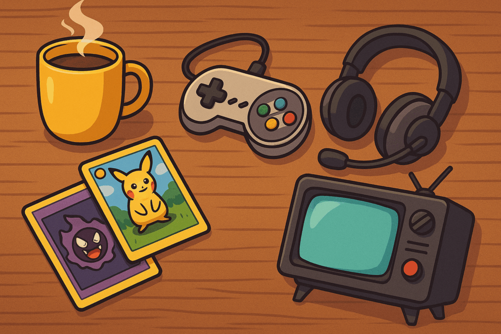 Flat lay of fandom items including a game controller, coffee mug, trading cards, TV, and headset representing fandom merch support.