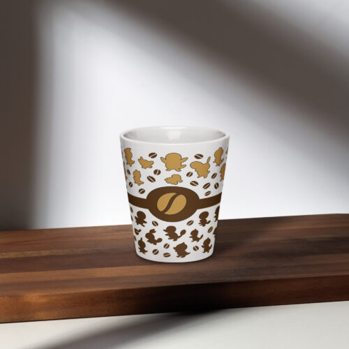 starter gen mug with coffee bean pattern and gold nerdy silhouettes on white ceramic cup